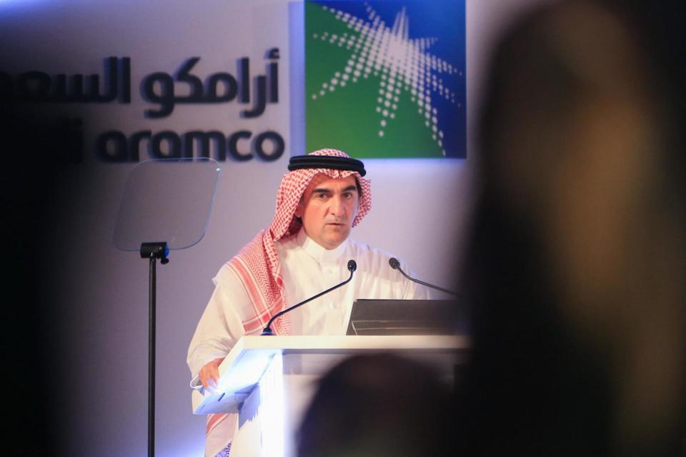 Rumayyan speaking at a Saudi Aramco press conference, which is regularly described as the world's most profitable company: AFP/Getty