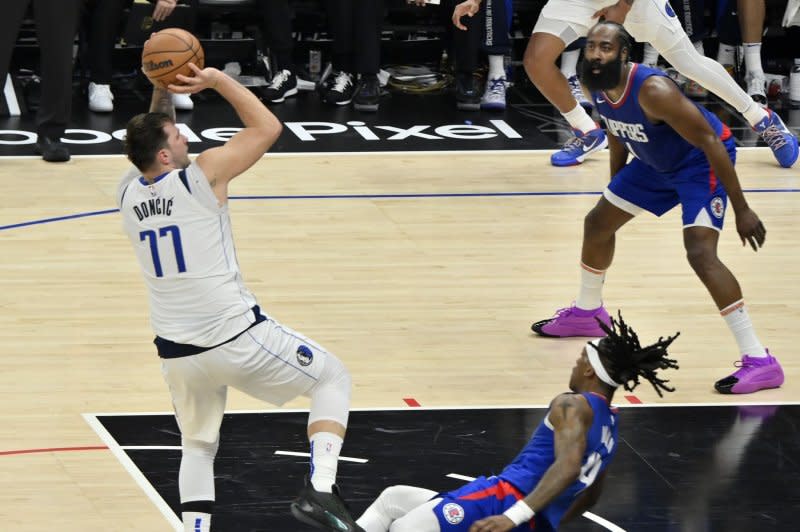 Dallas Mavericks guard Luka Doncic (L) scored a game-high 32 points in a win over the Los Angeles Clippers on Tuesday in Los Angeles. File Photo by Jim Ruymen/UPI