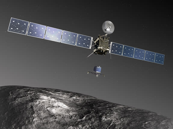 In August 2014, the ESA's Rosetta Spacecraft will rendezvous with Comet 67P/Churyumov-Gerasimenko and deploy its Philae lander, as seen in this artist's impression.