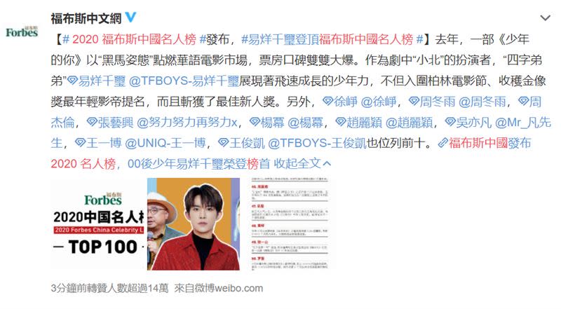 《富比士》公布「中國名人榜」。（圖／翻攝自微博）