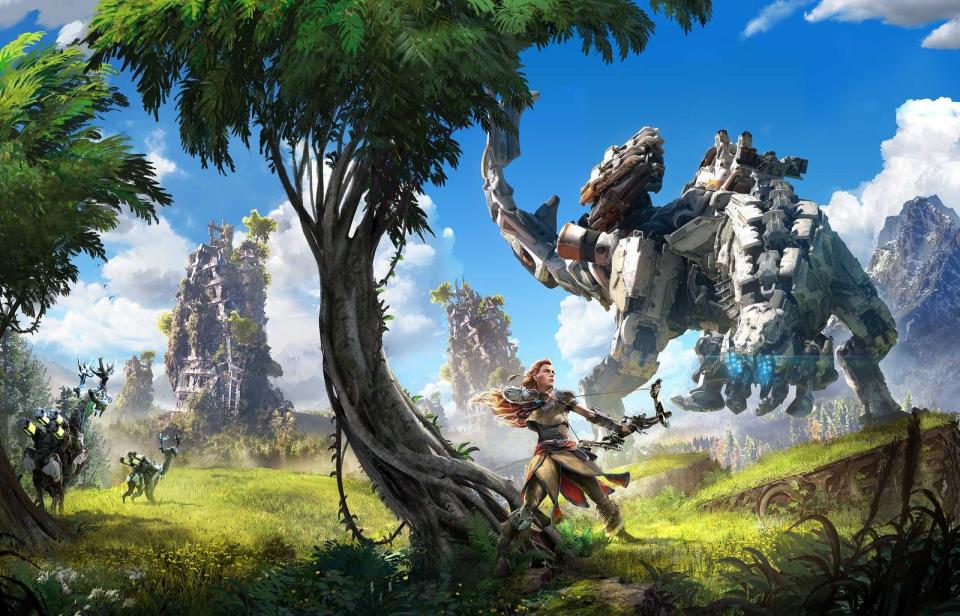 "Horizon: Zero Dawn"-Heldin Aloy macht in der postapokalyptischen Wildnis mit Pfeil und Bogen Jagd auf metallene Greifvögel von der Größe eines Jets, Panzer-Alligatoren, gigantische Würmer und Techno-Dinos, die fast zu schön sind, um sie zu erlegen. Das lange Zeit PS4-exklusive Abenteuer erscheint am 7. August für PC - inklusive Erweiterung und zahlreicher Verbesserungen. (Bild: Guerrilla, Sony)