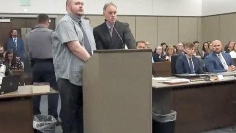 In this image taken from video provided by the Colorado Judicial Branch, Anderson Lee Aldrich, left, the suspect in a mass shooting that killed five people at a Colorado Springs LGBTQ+ nightclub last year, appears in court Monday, June 26, 2023, in Colorado Springs, Colo., where they pleaded guilty in the attack. The defendant faces life in prison on the murder charges under the plea agreement.