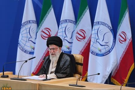 Iran's Supreme Leader Ayatollah Ali Khamenei speaks during the 16th summit of the Non-Aligned Movement in Tehran, August 30, 2012. REUTERS/Hamid Forootan/ISNA/Files