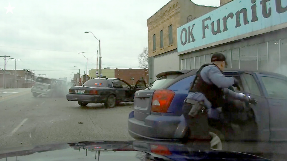 A still image from a dashcam video shows the aftermath of a 2022 Kansas City police chase that ended with a wreck. Erika Miller, a 38-year-old mother of seven, was killed as an innocent bystander. Kansas City Police Department