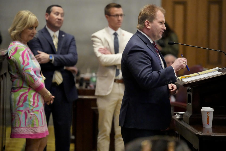 Rep. William Lamberth, R-Portland, speaks from the House floor during a legislative session Thursday, April 25, 2024, in Nashville, Tenn. (AP Photo/George Walker IV)