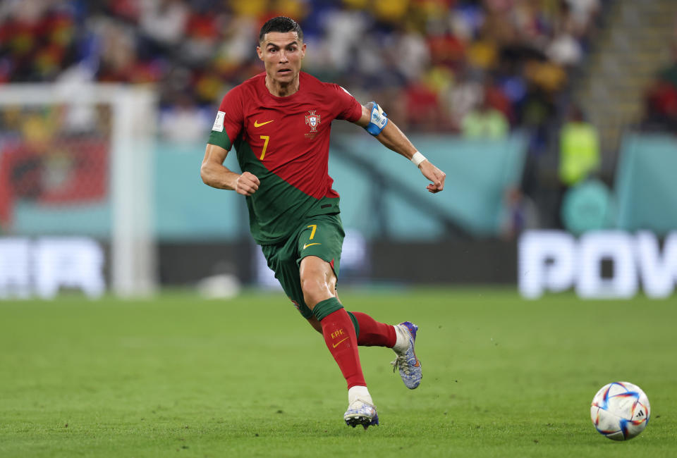 DOHA, QATAR - NOVEMBER 24: Cristiano Ronaldo of Portugal in action during the FIFA World Cup Qatar 2022 Group H match between Portugal and Ghana at Stadium 974 on November 24, 2022 in Doha, Qatar. (Photo by Clive Brunskill/Getty Images)