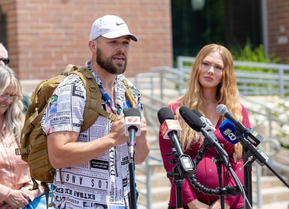 Colby Ryan, son of Lori Vallow Daybell, speaks outside of the Ada County Courthouse after the sentencing of Chad Daybell.