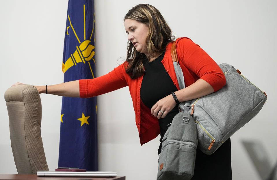 Jessica Allen, Chair of the Indiana Alcohol and Tobacco Commission, gets up the leave after a meeting Tuesday, Oct. 18, 2022, in Indianapolis. 