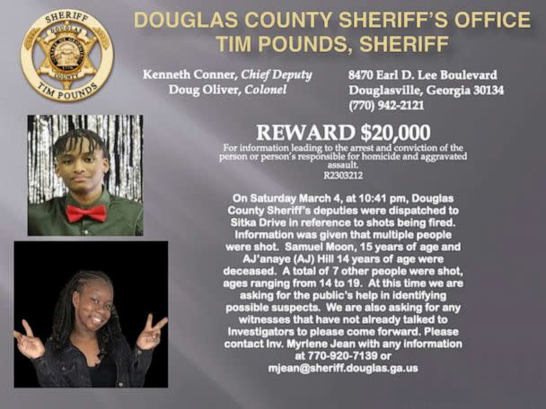PHOTO: Reward poster for the two victims of a shooting outside a house party Saturday night in the Atlanta suburb of Douglasville, Georgia, released by the Douglas County Sheriff's Office. (Douglas County Sheriff's Office)