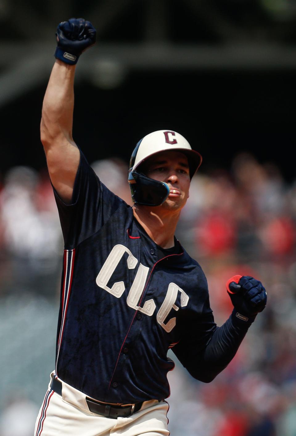 Cleveland Guardians' Will Brennan (17) celebrates hitting a home run during the eighth inning against the Seattle Mariners on Thursday in Cleveland.