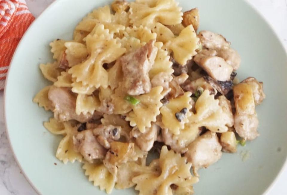 <p>A Food Lover's Kitchen</p><p>This Creamy Chicken & Potato Pasta combines chicken thigh meat, crispy potatoes and sliced mushrooms in a cream sauce with bowtie pasta.</p><p><strong>Get the recipe: <a href="https://afoodloverskitchen.com/creamy-chicken-potato-pasta/" rel="nofollow noopener" target="_blank" data-ylk="slk:Creamy Chicken & Potato Pasta;elm:context_link;itc:0;sec:content-canvas" class="link ">Creamy Chicken & Potato Pasta</a></strong></p>