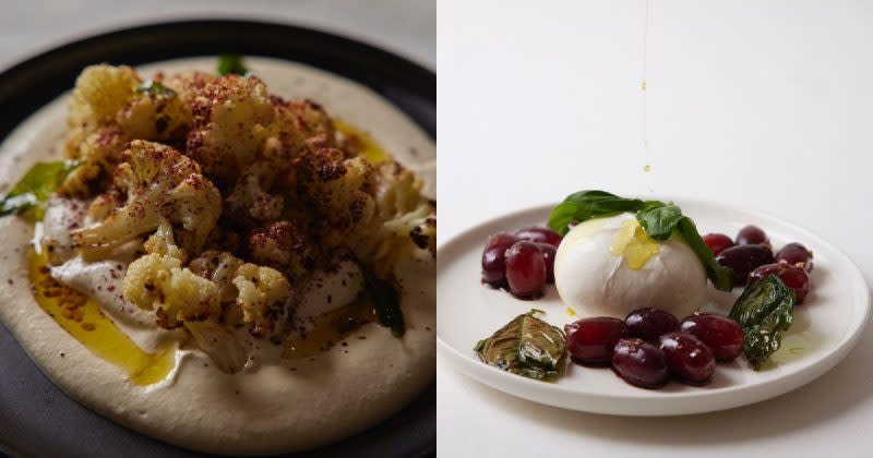 A picture of Cauliflower Ajo Blanco, and Burrata with roasted grapes