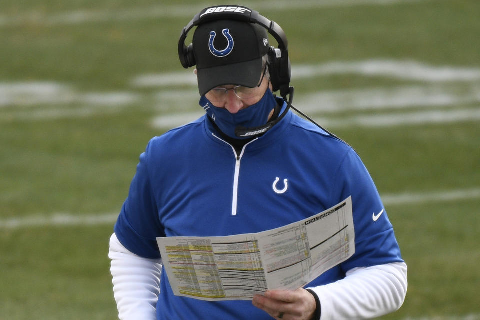 Is Indianapolis Colts head coach Frank Reich looking at his play card, or the Week 17 playoff scenarios chart? (AP Photo/Don Wright)