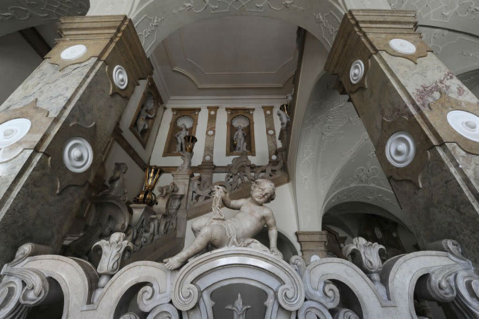 A detail of the famous angel stairs in Mirabell Palace is seen here.