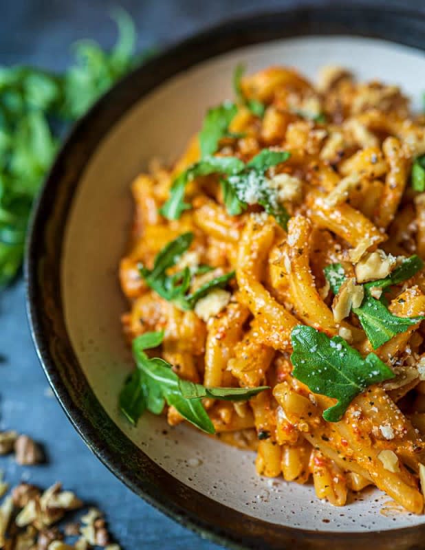 <p>Skinny Spatula</p><p>Mascarpone makes this bright pasta sauce so creamy.</p><p><strong>Get the recipe: </strong><a href="https://skinnyspatula.com/creamy-roasted-red-pepper-pasta-walnuts/" rel="nofollow noopener" target="_blank" data-ylk="slk:Creamy Roasted Red Pepper Pasta with Walnuts;elm:context_link;itc:0;sec:content-canvas" class="link rapid-noclick-resp"><strong>Creamy Roasted Red Pepper Pasta with Walnuts</strong></a></p>