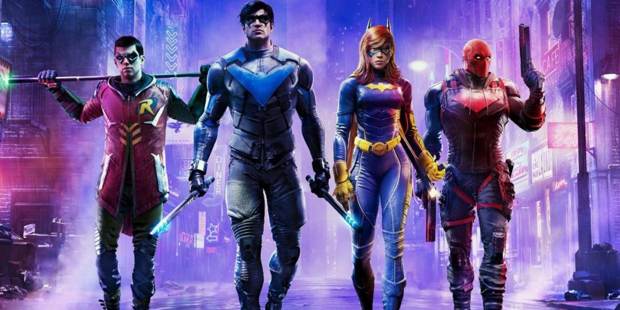 gotham knights game, robin, nightwing, batgirl and red hood walk together in a neon purple wet street