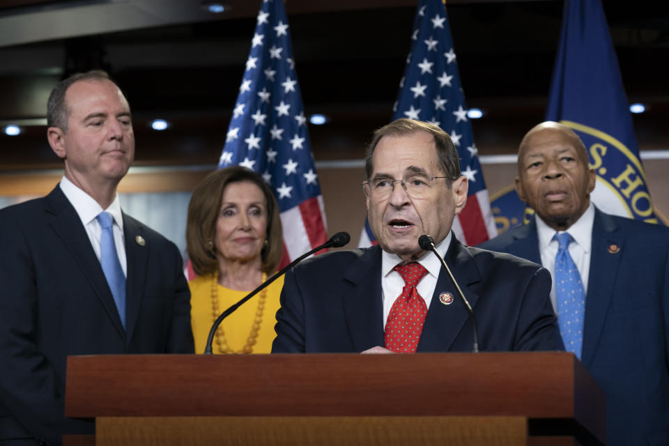 House Democratic leaders Adam Schiff, D-Calif., Nancy Pelosi, D-Calif., Jerry Nadler, D-N.Y., and Elijah Cummings, D-Md. (AP Photo/J. Scott Applewhite)