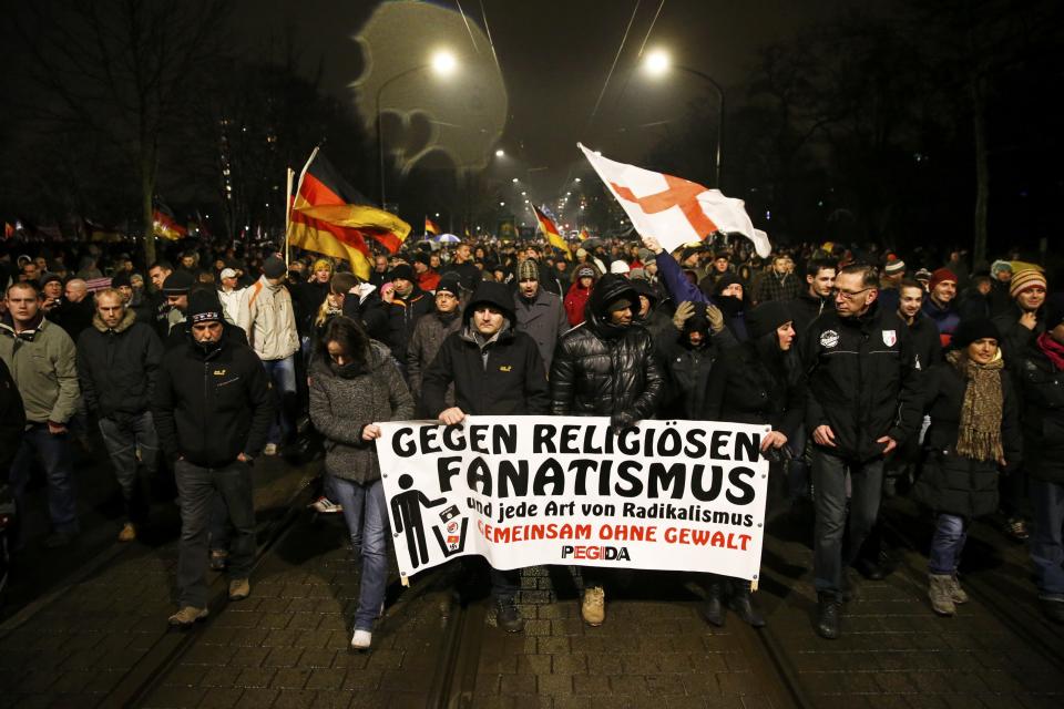 Participants take part in a demonstration called by anti-immigration group PEGIDA, a German abbreviation for "Patriotic Europeans against the Islamization of the West", in Dresden