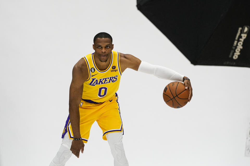 Los Angeles Lakers' Russell Westbrook poses for photos during the NBA basketball team's Media Day, Monday, Sept. 26, 2022, in El Segundo, Calif. (AP Photo/Jae C. Hong)