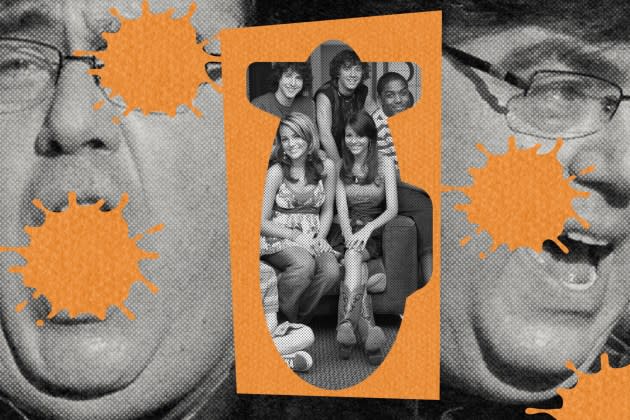 Dan Schneider brought Nickelodeon into a golden age, but has recently been criticized for the "toxic" ways that he treated the people he worked with.  - Credit: Photo illustration by Matthew Cooley. Images in Illustration by  Kevin Winter/Getty Images; Frazer Harrison/KCA2014/Getty Images; Nickelodeon/Everett Collection