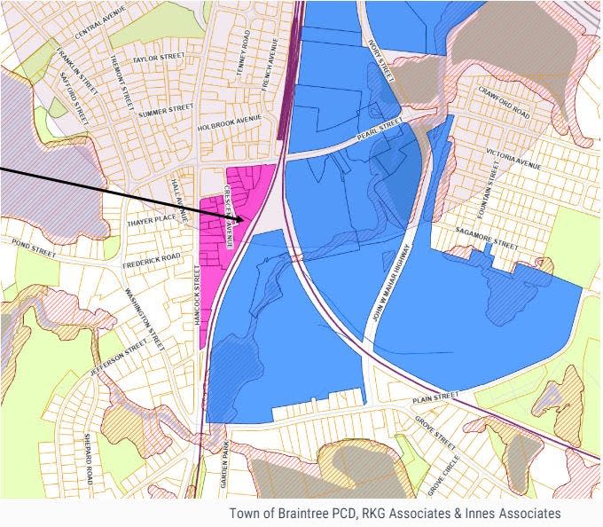 The town of Braintree's second and third MBTA multifamily housing zoning overlay districts, outlined in blue and pink, respectively, covers roughly 126.5 acres.