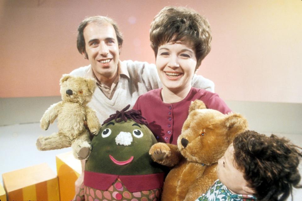 Jones with fellow Play School presenter Julie Stevens and Little Ted, Humpty, Big Ted and Hamble (1969) - BBC