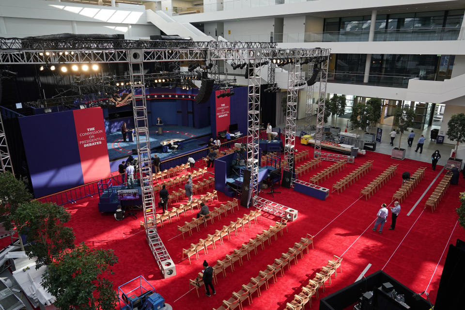 Preparations take place in Cleveland on Sept. 28, 2020, for the first presidential debate between Donald Trump and Joe Biden. (Photo: AP Photo/Patrick Semansky)