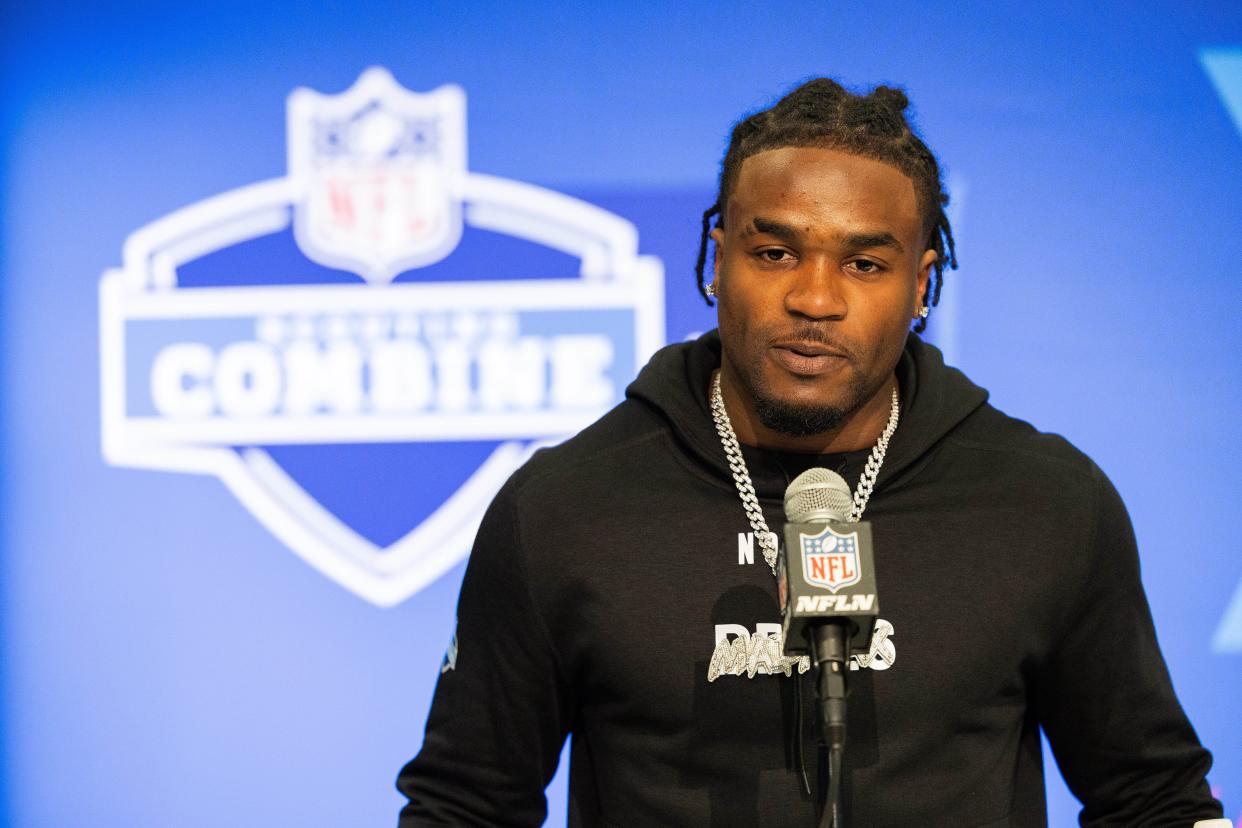 Feb 29, 2024; Indianapolis, IN, USA; Rutgers defensive back Max Melton (DB26) talks to the media during the 2024 NFL Combine at Lucas Oil Stadium. Mandatory Credit: Trevor Ruszkowski-USA TODAY Sports