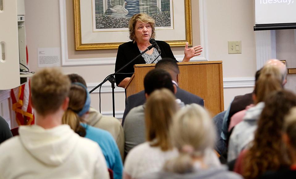 Ashland resident Terrie Bonfiglio speaks at Ashland University's Life Beyond Death event, a discussion of conservatives against the death penalty on Tuesday, April 19, 2022. TOM E. PUSKAR/TIMES-GAZETTE.COM