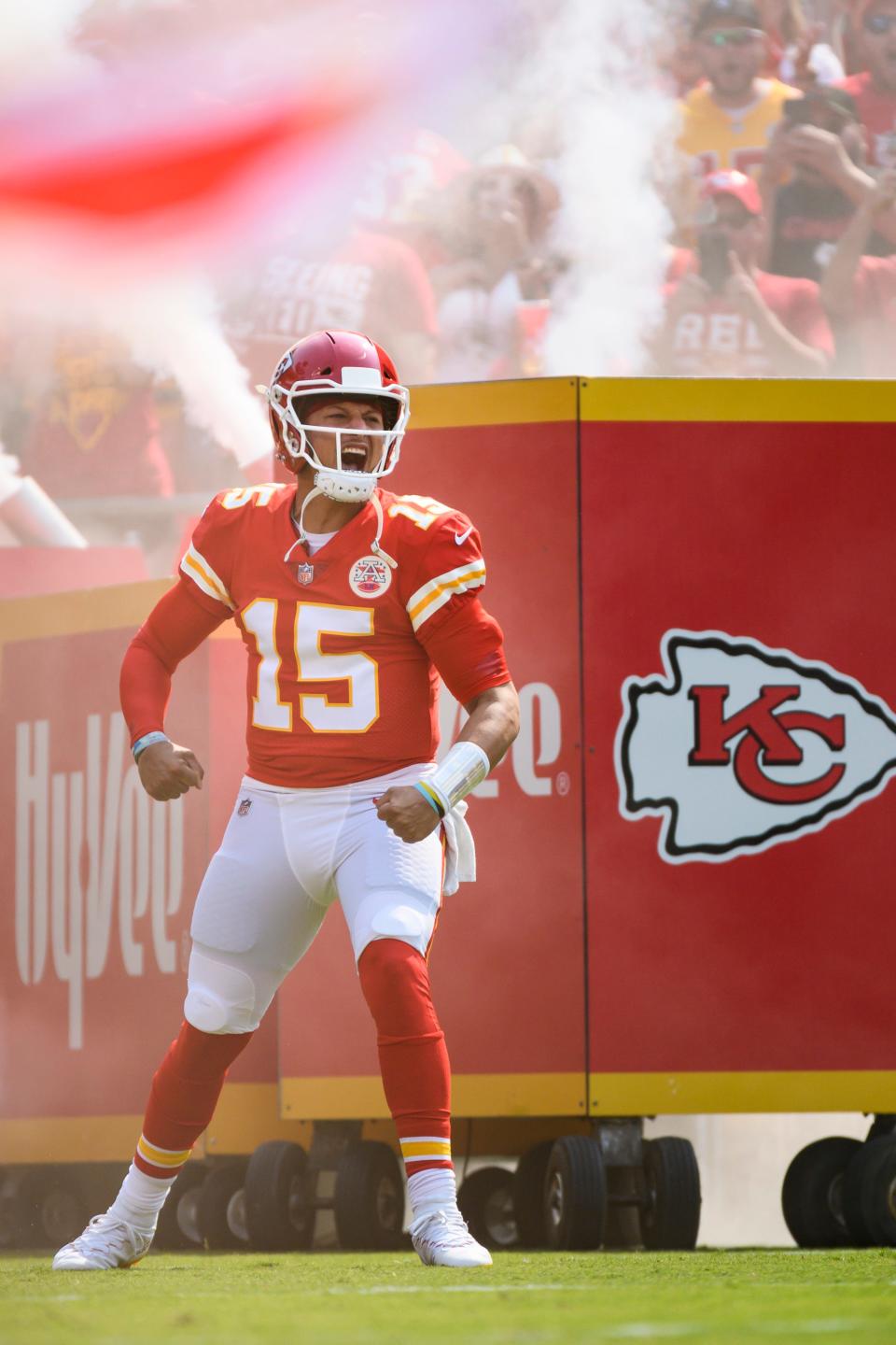 Kansas City Chiefs quarterback Patrick Mahomes during introductions before the first half against the Browns on Sept.12, 2021, in Kansas City, Mo.