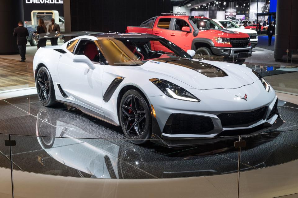 A 2019 Chevrolter Corvette ZR1 sits on the stage during the 2019 North American International Auto Show held at Cobo Center in downtown Detroit on Tuesday, Jan. 15, 2019.  (Via OlyDrop)