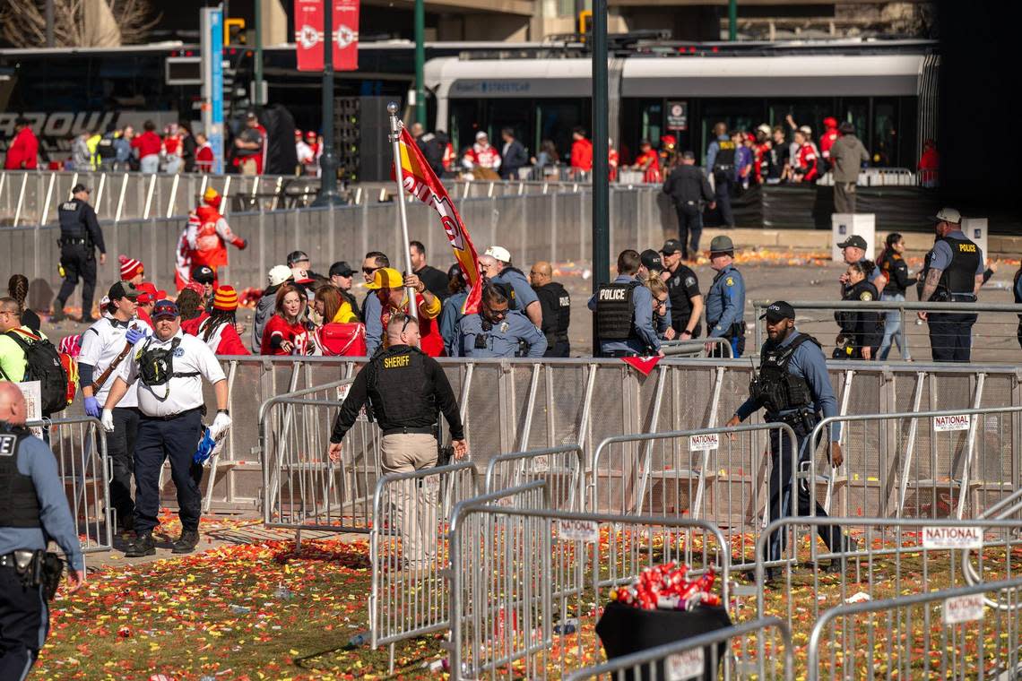 After gunfire broke out, police swarmed the area around the Kansas City Chiefs Super Bowl rally on Wednesday, Feb. 14, 2024, asking fans to leave the area at Union Station. One person was killed and twenty-two others were shot and wounded, some critically.