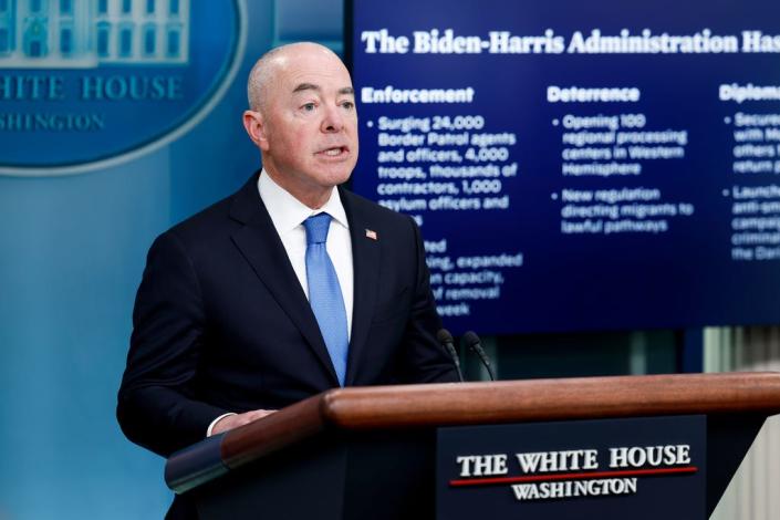 Homeland Security Secretary Alejandro Mayorkas speaks during the daily press briefing in the James S. Brady Press Briefing Room of the White House on May 11, 2023 in Washington, DC.  Mayorkas answered questions from reporters about the expiry of the 42 title.