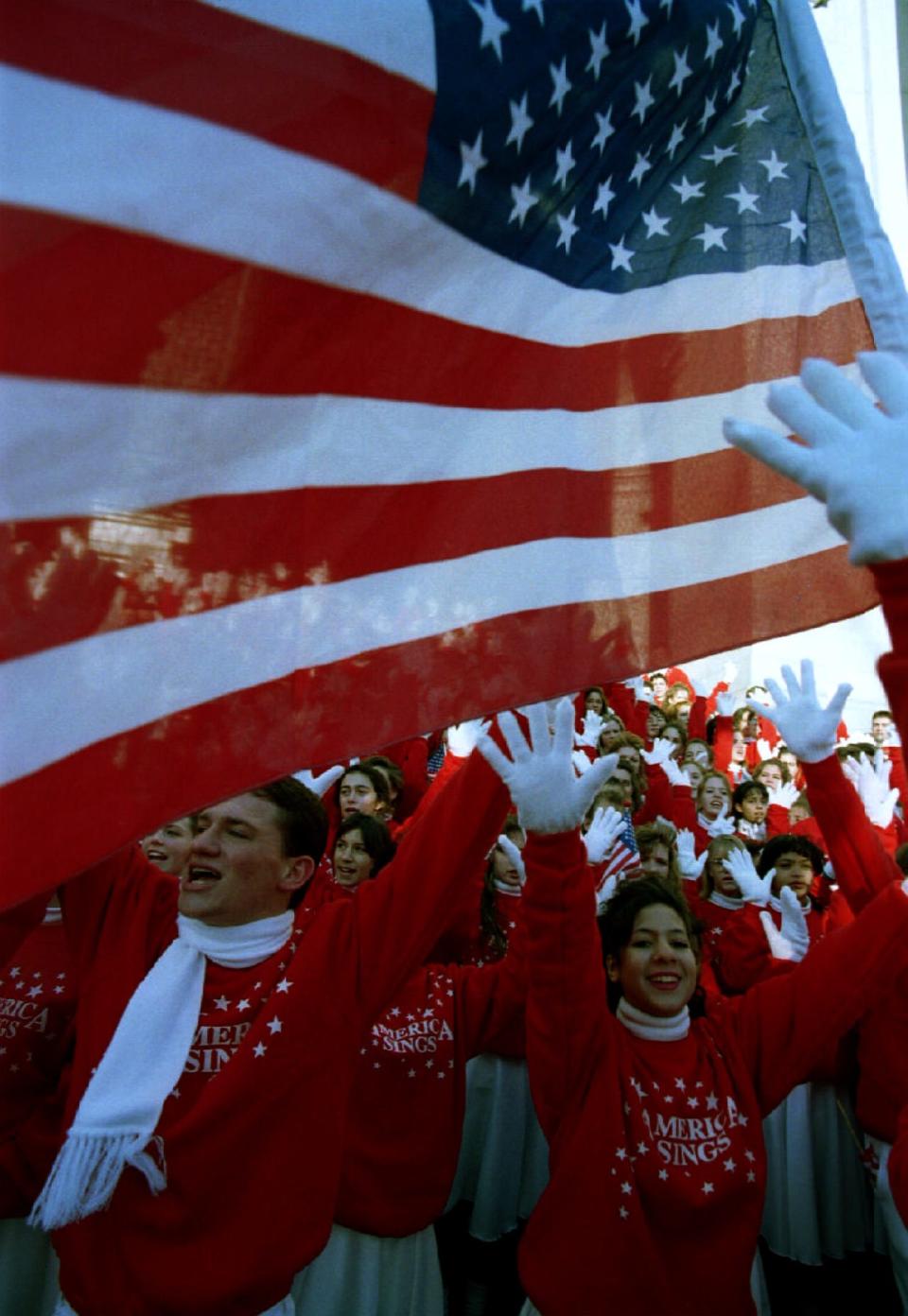 An American flag at the Macy's thanksgiving day parade in 1993