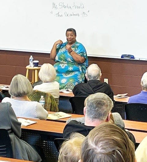 Sheila Arnold, professional storyteller, tells an ORICL class about the Scarboro 85 - students who desegregated two Oak Ridge schools in 1955.