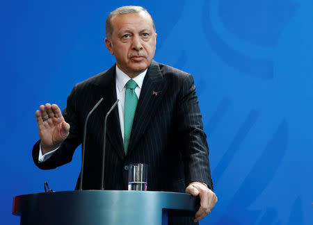 Turkish President Tayyip Erdogan addresses a news conference at the chancellery in Berlin, Germany, September 28, 2018. REUTERS/Fabrizio Bensch