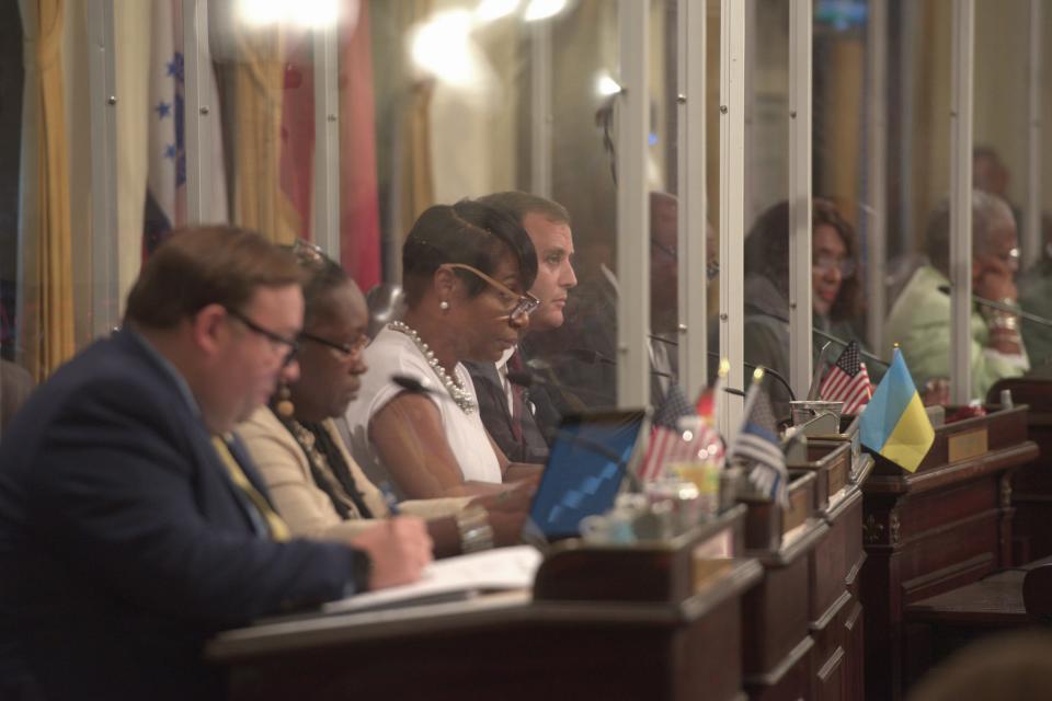 Savannah City Council listen as City Manager Jay Melder, who was attending the meeting remotely, speaks about the millage rate at a council meeting on July 28.