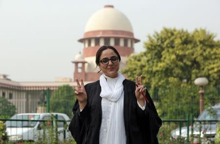 Deepika Singh Rajawat, lawyer for an eight-year-old girl's family who was raped and murdered in Jammu's Kathua district in January, gestures after a hearing in the Supreme Court in New Delhi, May 7, 2018. Handout/via REUTERS