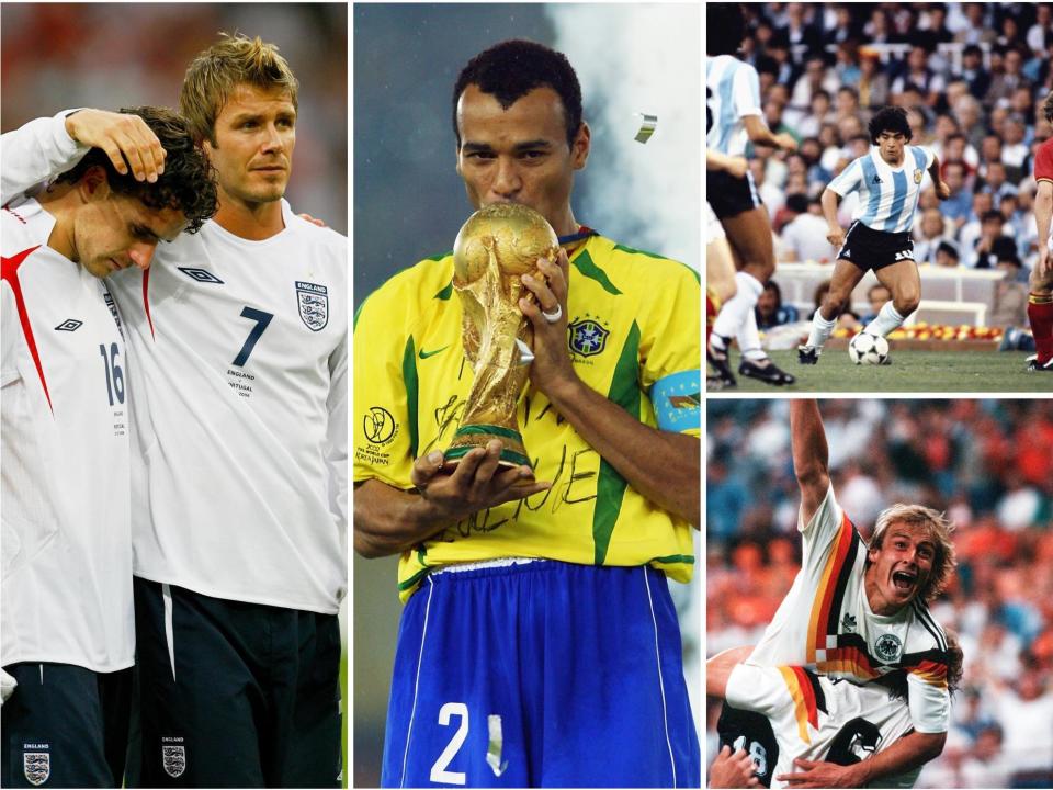 David Beckham, Owen Hargreaves, Cafu, Diego Maradona and Jurgen Klinsmann are shown in a composite image illustrating the history of the World Cup: Getty Images