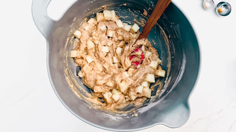 sweet apple batter in mixing bowl