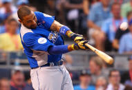 National League All-Star Matt Kemp #27 of the Los Angeles Dodgers at bat in the first round during the State Farm Home Run Derby at Kauffman Stadium on July 9, 2012 in Kansas City, Missouri. (Photo by Dilip Vishwanat/Getty Images)