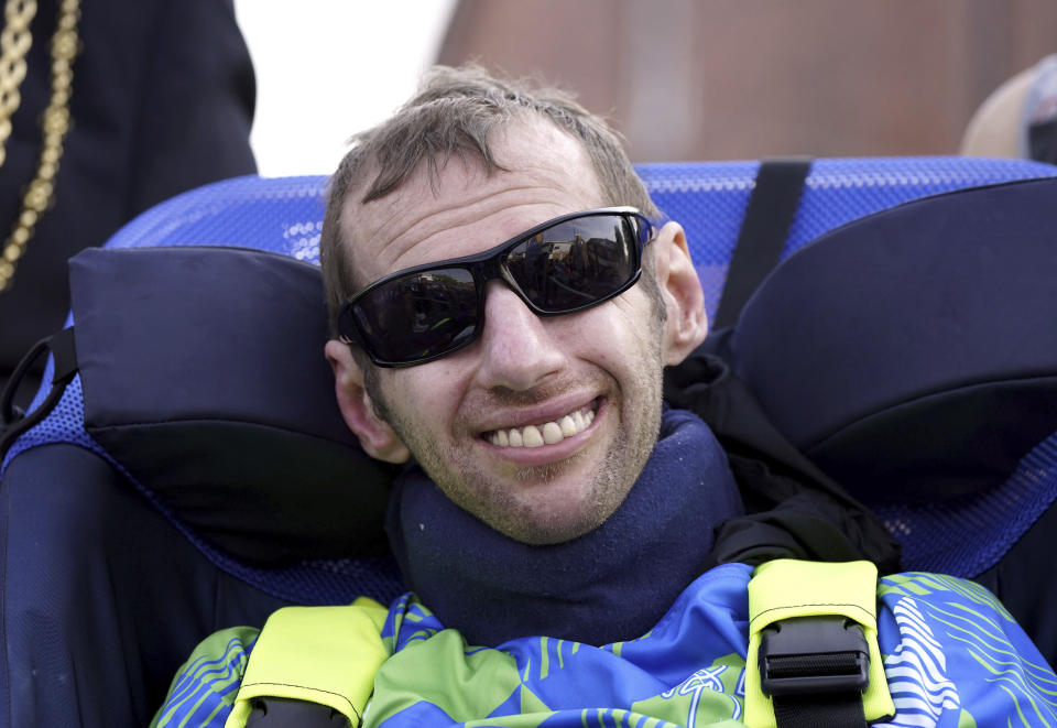 Rob Burrow ahead of the '2023 Rob Burrow Leeds Marathon' which started and finished at Headingley Stadium, Leeds, May, 14, 2023. Rob Burrow, a former rugby star who was widely praised for his fundraising campaigns after being diagnosed with Lou Gehrig’s disease in 2019, has died. He was 41. (Danny Lawson/PA via AP)