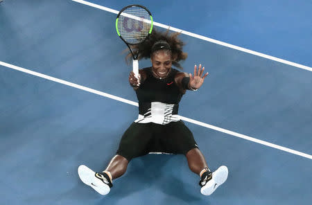 Serena Williams celebrates winning her final match against Venus Williams. REUTERS/Jason Reed