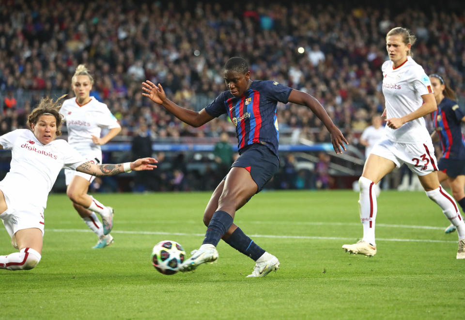 Asisat Oshoala during the match between <a class="link " href="https://sports.yahoo.com/soccer/teams/barcelona/" data-i13n="sec:content-canvas;subsec:anchor_text;elm:context_link" data-ylk="slk:FC Barcelona;sec:content-canvas;subsec:anchor_text;elm:context_link;itc:0">FC Barcelona</a> and <a class="link " href="https://sports.yahoo.com/soccer/teams/roma/" data-i13n="sec:content-canvas;subsec:anchor_text;elm:context_link" data-ylk="slk:AS Roma;sec:content-canvas;subsec:anchor_text;elm:context_link;itc:0">AS Roma</a>, corresponding to the 2nd leg of the quarter finals of the UEFA Womens Champions League, played at the Spotify Csmp Nou Stadium, on 29th March 2023, in Barcelona, Spain.<span class="copyright">Joan Valls—Urbanandsport/NurPhoto/Getty Images</span>