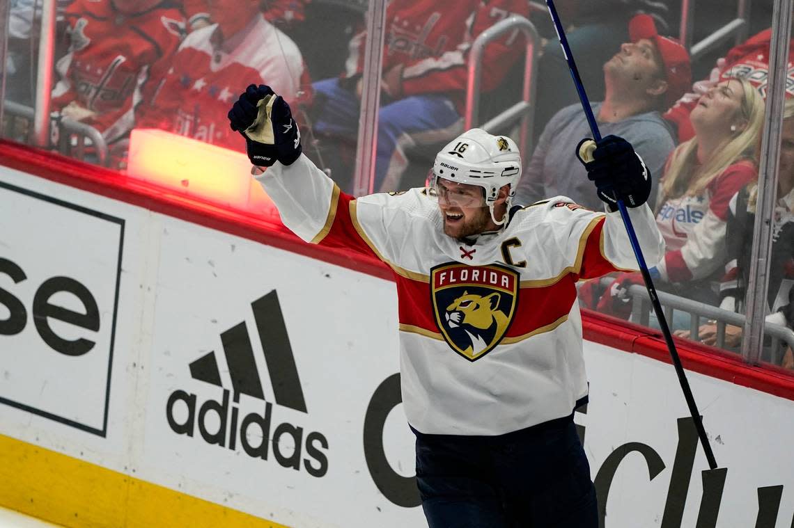 Florida Panthers center Aleksander Barkov celebrates his goal during Game 6 in the first round of the NHL playoffs. Cats open second round on Tuesday.
