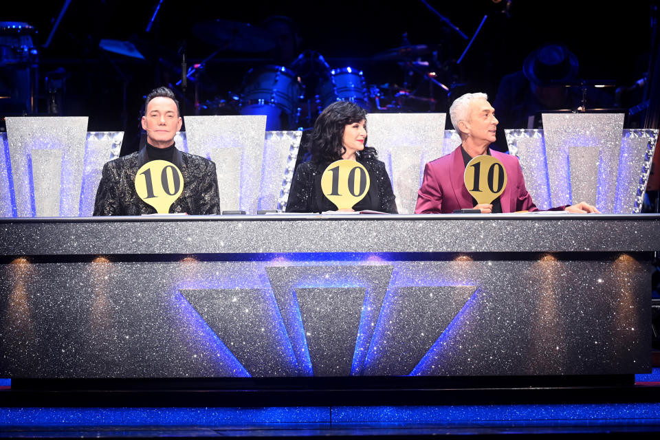 BIRMINGHAM, ENGLAND - JANUARY 20: Craig Revel Horwood, Shirley Ballas and Bruno Tonioli at Utilita Arena Birmingham on January 20, 2022 in Birmingham, England. (Photo by Dave J Hogan/Getty Images)