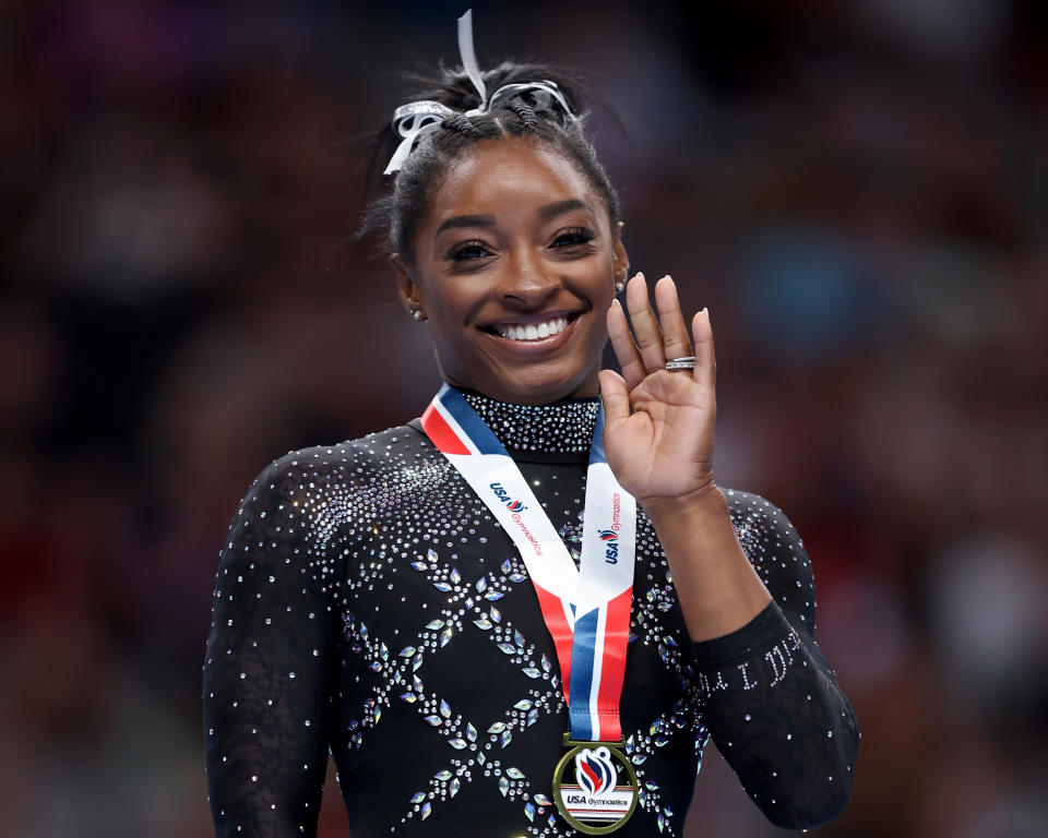 SAN JOSE, CALIFORNIA - AUGUST 27: Simone Biles celebrates after placing first in the floor exercise competition on day four of the 2023 U.S. Gymnastics Championships at SAP Center on August 27, 2023 in San Jose, California. (Photo by Ezra Shaw/Getty Images)