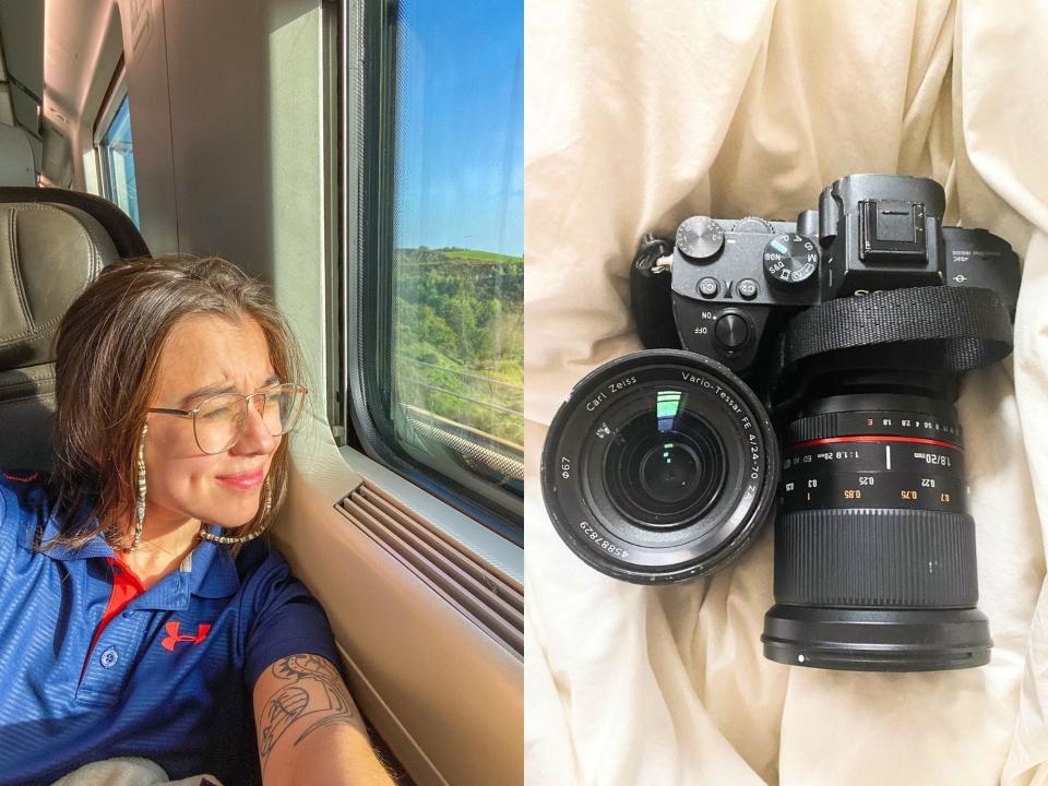 Left: The author in a navy polo sits in a train seat looking out a window on the right where there's a green landscape below blue skies
