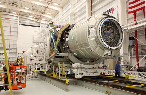 Orbital Sciences' Cygnus spacecraft is attached to its Antares rocket on Dec. 10, 2013 for a planned Dec. 19 launch to deliver cargo for the International Space Station.