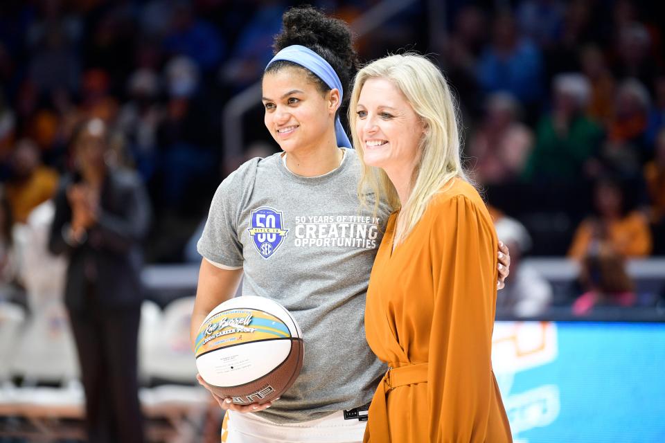 Tennessee guard/forward Rae Burrell (12) receives her 1000 career point ball alongside Head Coach Kellie Harper before a game at Thompson-Boling Arena between Tennessee and Mississippi State in Knoxville, Tenn. on Thursday, Feb. 24, 2022.